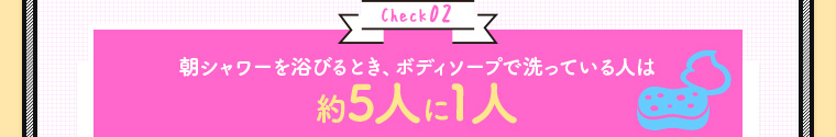 Check02 朝シャワーを浴びるとき、ボディソープで洗っている人は約5人に1人