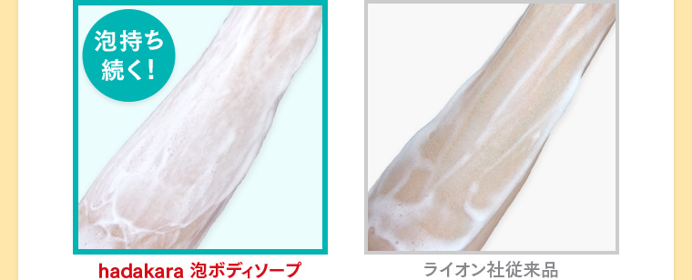 hadakara 泡ボディソープはライオン社従来品に比べて泡持ち続く！