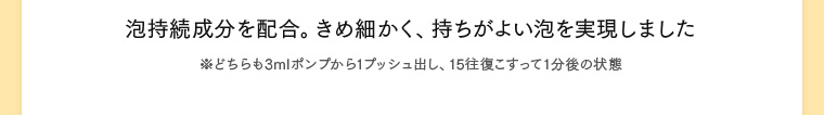 泡持続成分を配合。きめ細かく、持ちがよい泡を実現しました ※どちらも3mlポンプから1プッシュ出し、15往復こすって1分後の状態