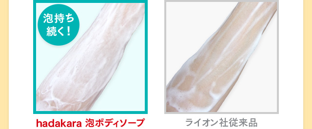 hadakara 泡ボディソープはライオン社従来品に比べて泡持ち続く！
