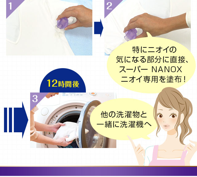 特にニオイの気になる部分に直接、スーパーNANOXニオイ専用を塗布