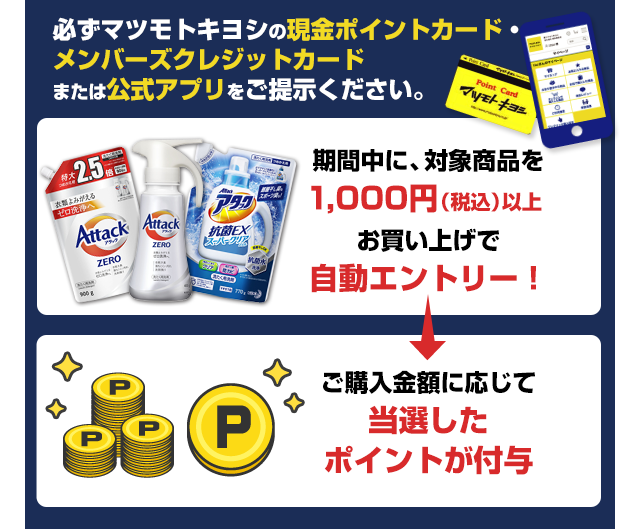 必ずマツモトキヨシの現金ポイントカード・メンバーズクレジットカードまたは公式アプリをご提示ください。期間中に、対象商品を1,000円（税込）以上お買い上げで自動エントリー！ご購入金額に応じて当選したポイントが付与