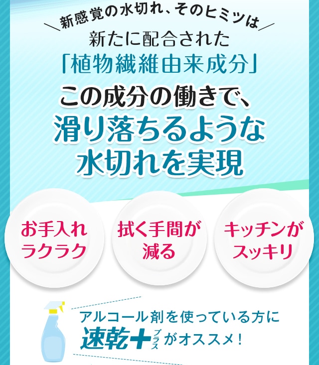 新たに配合された「植物繊維由来成分」この成分の働きで、 滑り落ちるような水切れを実現