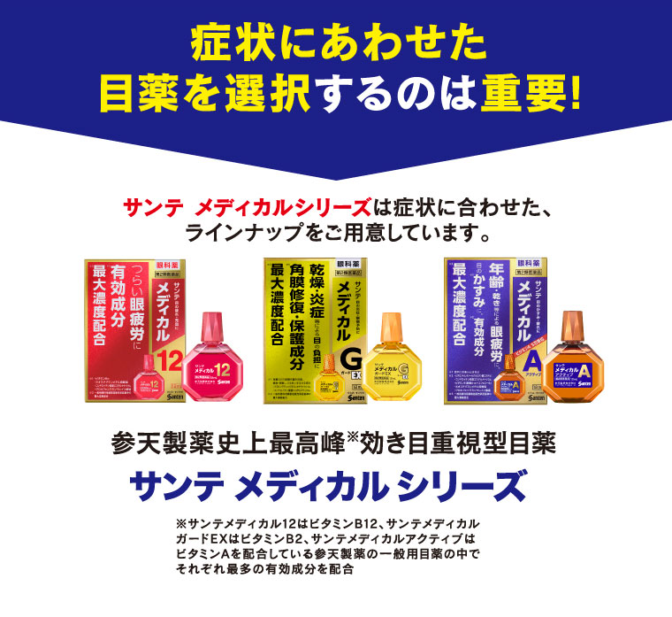 症状にあわせた目薬を選択するのは重要!
サンテ メディカルシリーズは症状に合わせた、ラインナップをご用意しています。
参天製薬史上最高峰※効き目重視型目薬 サンテ メディカルシリーズ