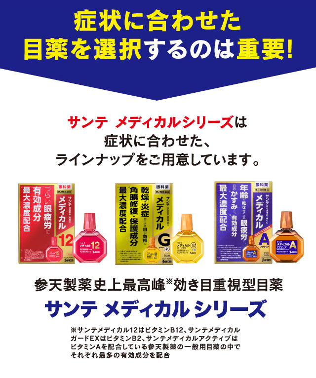 症状にあわせた目薬を選択するのは重要!
サンテ メディカルシリーズは症状に合わせた、ラインナップをご用意しています。
参天製薬史上最高峰※効き目重視型目薬 サンテ メディカルシリーズ