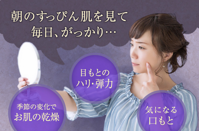 朝のすっぴん肌を見て毎日、がっかり…　「季節の変化でお肌の乾燥」「目もとのハリ・弾力」「気になる口もと」