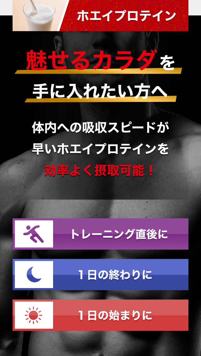 ホエイプロテイン 魅せるカラダを手に入れたい方へ体内への吸収スピードが早いホエイプロテインを効率よく摂取可能！