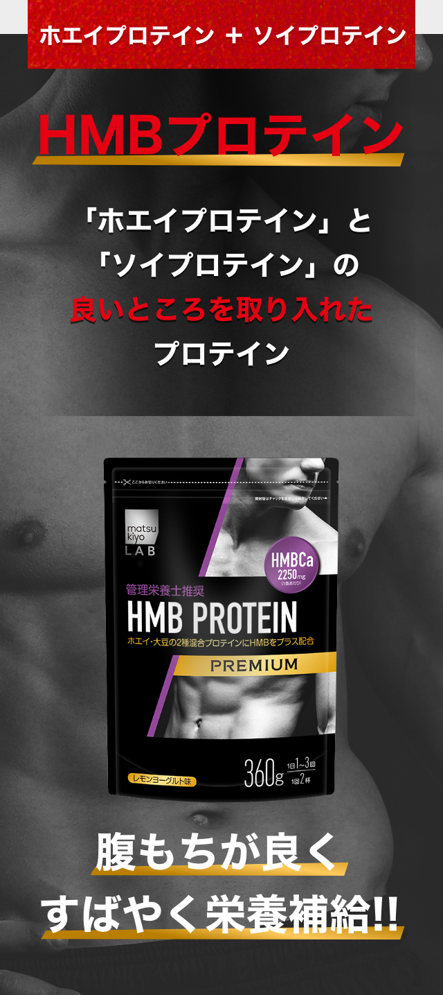ホエイプロテイン+ソイプロテイン HMBプロテイン「ホエイプロテイン」と「ソイプロテイン」の良いところを取り入れたプロテイン
