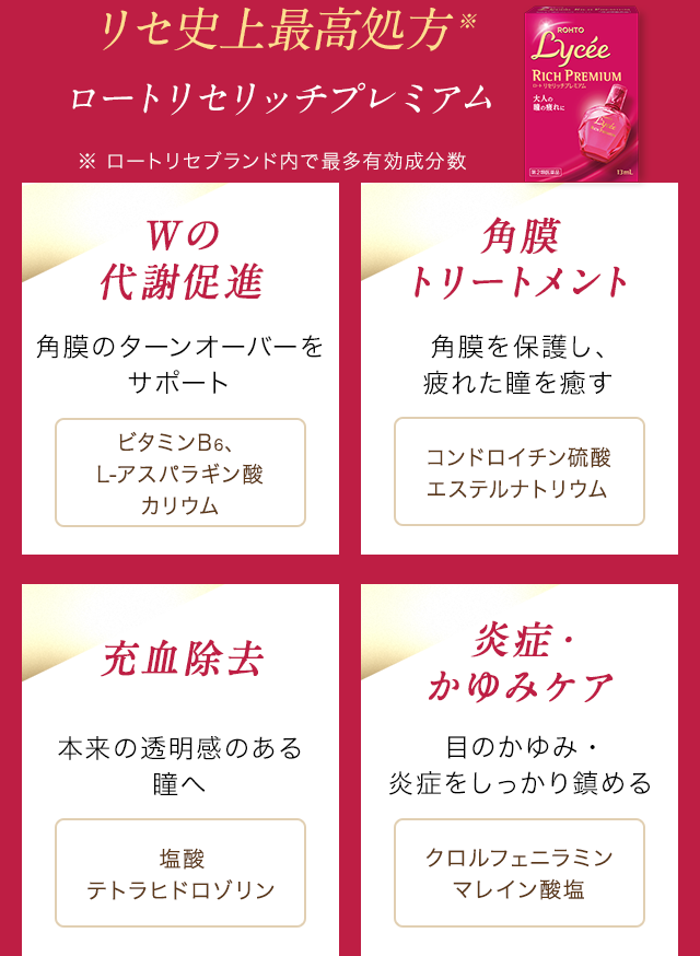 リセ史上最高処方※ ロートリセリッチプレミアム ※ロートリセブランド内で最多有効成分数 Wの代謝促進 角膜のターンオーバーをサポート ビタミンB6、L-アスパラギン酸カリウム　角膜トリートメント 角膜を保護し、疲れた瞳を癒す コンドロイチン硫酸エステルナトリウム　充血除去 本来の透明感のある瞳へ 塩酸テトラヒドロゾリン　炎症・かゆみケア 目のかゆみ・炎症をしっかり鎮める クロルフェニラミンマレイン酸塩