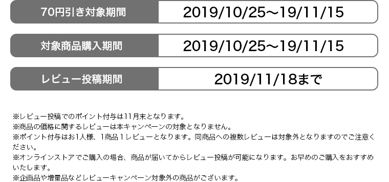 ※レビュー投稿でのポイント付与は11月末となります。 ※商品の価格に関するレビューは本キャンペーンの対象となりません。 ※ポイント付与はお1人様、1商品１レビューとなります。同商品への複数レビューは対象外となりますのでご注意ください。 ※オンラインストアでご購入の場合、商品が届いてからレビュー投稿が可能になります。お早めのご購入をおすすめいたします。 ※企画品や増量品などレビューキャンペーン対象外の商品がございます。