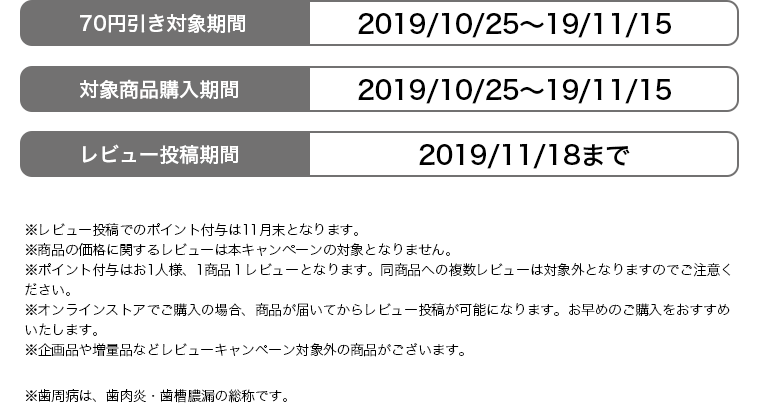 ※レビュー投稿でのポイント付与は11月末となります。 ※商品の価格に関するレビューは本キャンペーンの対象となりません。 ※ポイント付与はお1人様、1商品１レビューとなります。同商品への複数レビューは対象外となりますのでご注意ください。 ※オンラインストアでご購入の場合、商品が届いてからレビュー投稿が可能になります。お早めのご購入をおすすめいたします。 ※企画品や増量品などレビューキャンペーン対象外の商品がございます。 ※歯周病は、歯肉炎・歯槽膿漏の総称です。