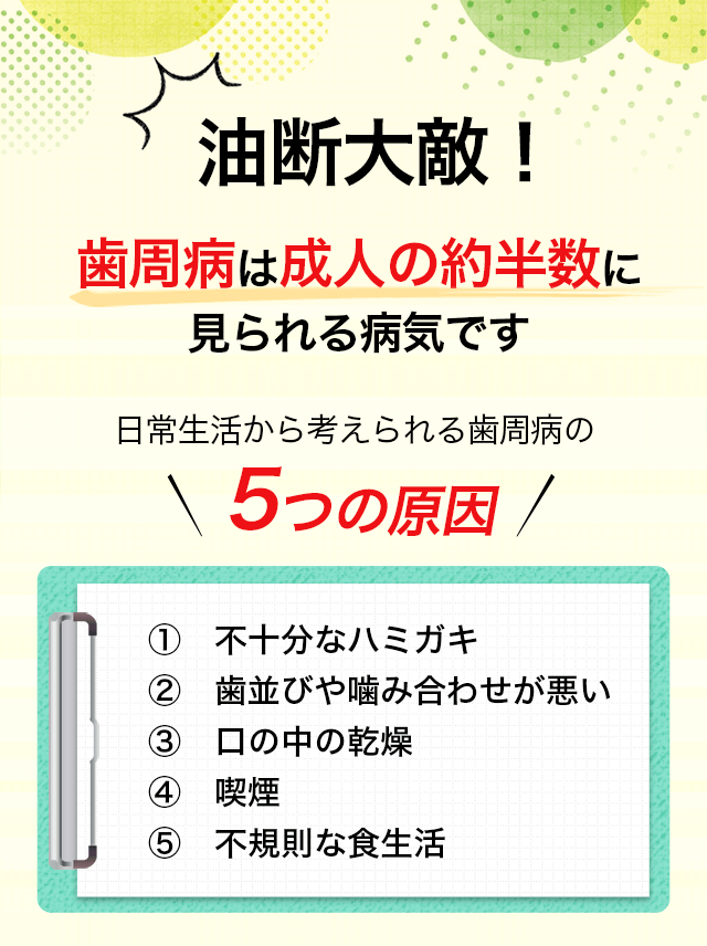 油断大敵！歯周病は成人の約半数に見られる病気です 日常生活から考えられる歯周病の5つの原因 ①不十分なハミガキ ②歯並びや噛み合わせが悪い ③口の中の乾燥 ④喫煙 ⑤不規則な食生活
