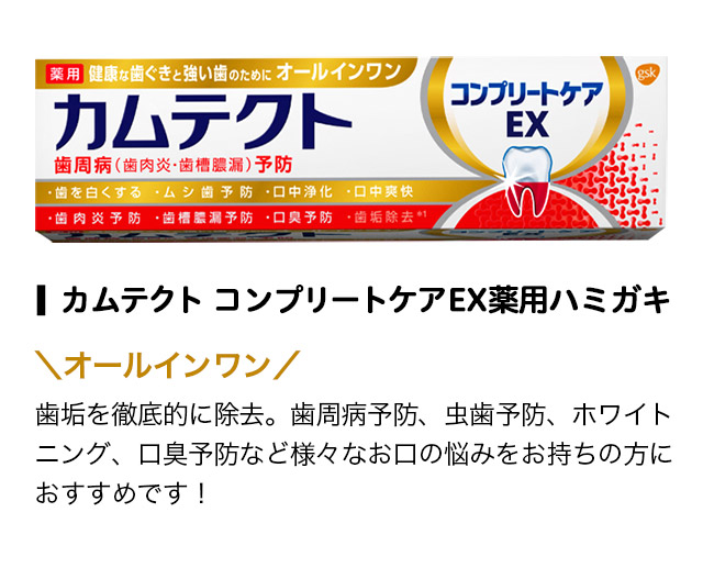 カムテクト コンプリートケアEX薬用ハミガキ オールインワン 歯垢を徹底的に除去。歯周病予防、虫歯予防、ホワイトニング、口臭予防など様々なお口の悩みをお持ちの方におすすめです！