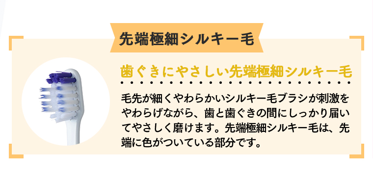 極細シルキー毛「歯ぐきにやさしい先端極細シルキー毛」毛先が細くやわらかいシルキー毛ブラシが刺激をやわらげながら、歯と歯ぐきの間にしっかり届いてやさしく磨けます。