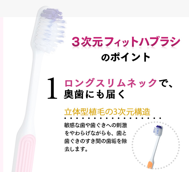 3次元フィットハブラシのポイント　１ロングスリムネックで、奥歯にも届く。「新立体型植毛の3次元構造」敏感な歯や歯ぐきへの刺激をやわらげながらも、歯と歯ぐきのすき間の歯垢を除去します。2独自の弾力ネックで歯グキにやさしい唯一の知覚過敏用ハブラシ「日本市場にあわせて開発された新ハンドル」力を入れて磨いてしまう人にも、歯に負担がかからないよう、弾力ネック（弾性のあるネック）になっています。