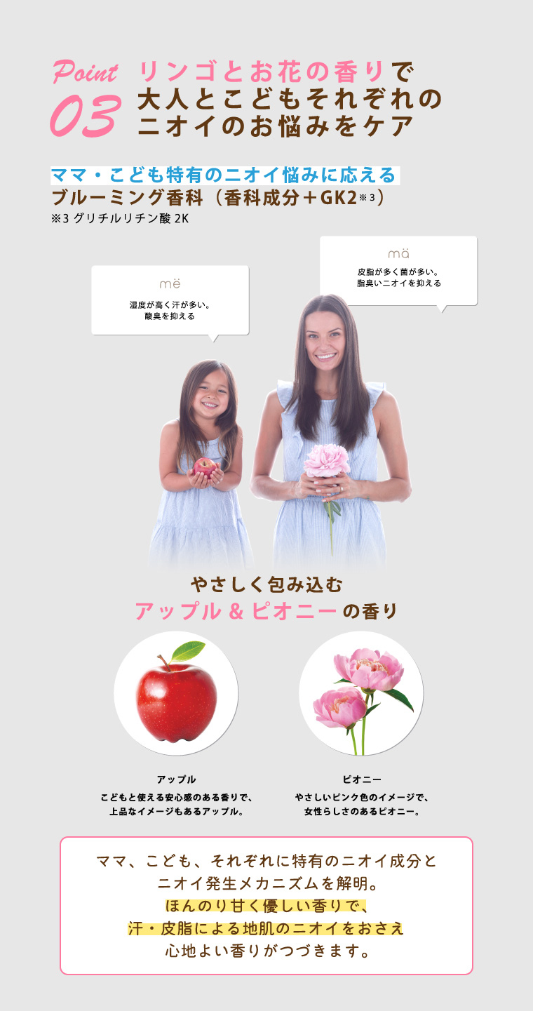 Point 03 リンゴとお花の香りで大人とこどもそれぞれのニオイのお悩みをケア
