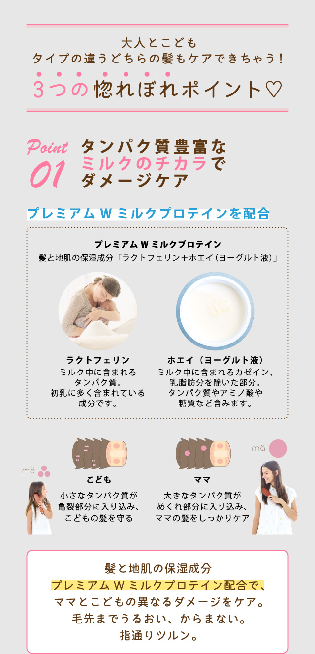 大人とこどもタイプの違うどちらの髪もケアできちゃう！３つの惚れぼれポイントPoint 01 タンパク質豊富なミルクのチカラでダメージケア