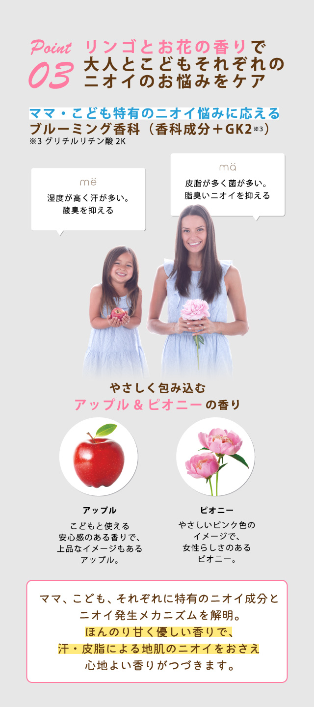 Point 03 リンゴとお花の香りで大人とこどもそれぞれのニオイのお悩みをケア