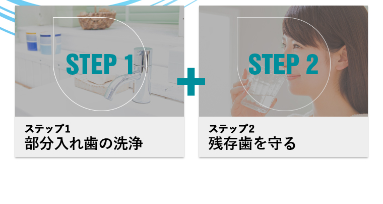 STEP1 ステップ１ 部分入れ歯の洗浄　STEP2 ステップ２ 残存歯を守る