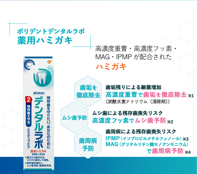 [ポリデントデンタルラボ 薬用ハミガキ]高濃度重曹・高濃度フッ素・ MAG・IPMPが配合された ハミガキ 歯垢を徹底除去※1 歯垢残りによる細菌増加 高濃度重曹で歯垢を徹底除去 （炭酸水素ナトリウム（清掃剤））ムシ歯予防 ムシ歯による残存歯喪失リスク 高濃度フッ素でムシ歯予防※2 歯周病予防 歯周病による残存歯喪失リスク IPMP（イソプロピルメチルフェノール）※3 MAG（グリチルリチン酸モノアンモニウム）で歯周病予防※4