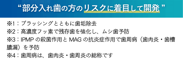 [部分入れ歯の方のリスクに着目して開発] ※1：ブラッシングとともに歯垢除去　※2：高濃度フッ素で残存歯を強化し、ムシ歯予防　※3：IPMPの殺菌作用とMAGの抗炎症作用で歯周病（歯肉炎・歯槽膿漏）を予防　※4：歯周病は、歯肉炎・歯周炎の総称です