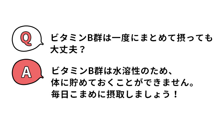 Q.ビタミンB群は一度にまとめて摂っても大丈夫？ A.ビタミンB群は水溶性のため、体に貯めておくことができません。毎日こまめに摂取しましょう！