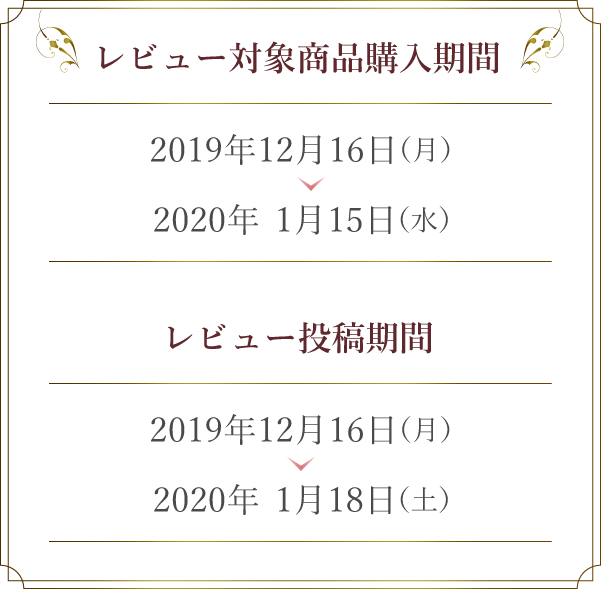 レビュー対象商品購入期間　2019年12月16日（月）〜2020年1月15日（水）　レビュー投稿期間2019年12月16日（月）〜2020年1月18日（土）