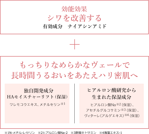効能効果シワを改善する+もっちりなめらかなヴェールで長時間うるおいをあたえハリ密肌へ