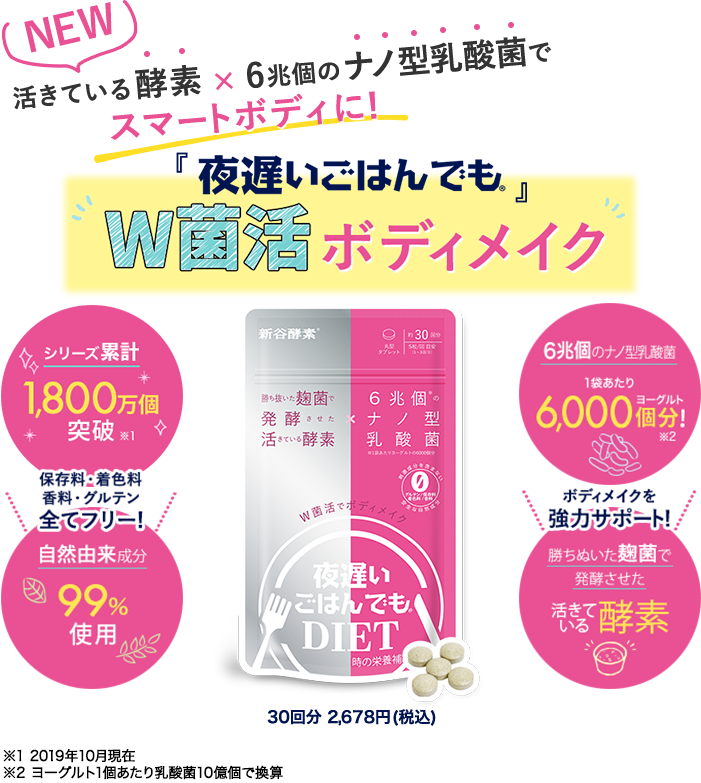 活きている酵素×6兆個のナノ型乳酸菌でスマートボディに!「夜遅いごはんでも」W菌活ボディメイク 30回分 2,678円(税込)