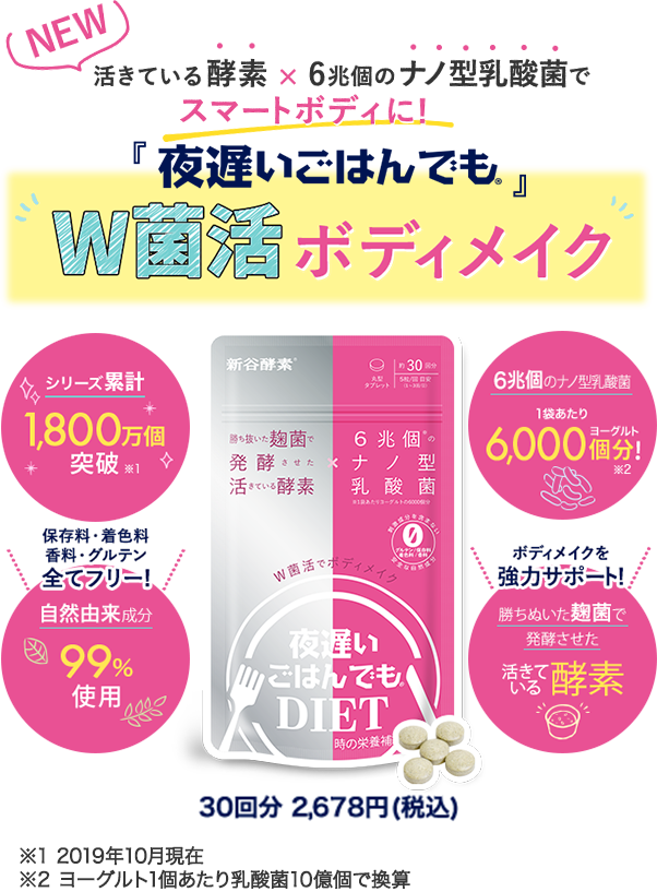 活きている酵素×6兆個のナノ型乳酸菌でスマートボディに!「夜遅いごはんでも」W菌活ボディメイク 30回分 2,678円(税込)