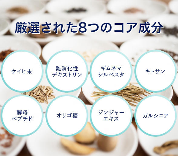 厳選された8つのコア成分（ケイヒ末、難消化性デキストリン、ギムネマシルベスタ、キトサン、酵母ペプチド、オリゴ糖、ジンジャーエキス、ガルシニア）