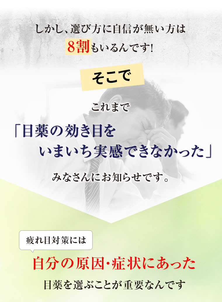しかし、選び方に自信が無い方は8割もいるんです！そこでこれまで「目薬の効き目をいまいち実感できなかった」みなさんにお知らせです。疲れ目対策には自分の原因・症状にあった目薬を選ぶことが重要なんです
