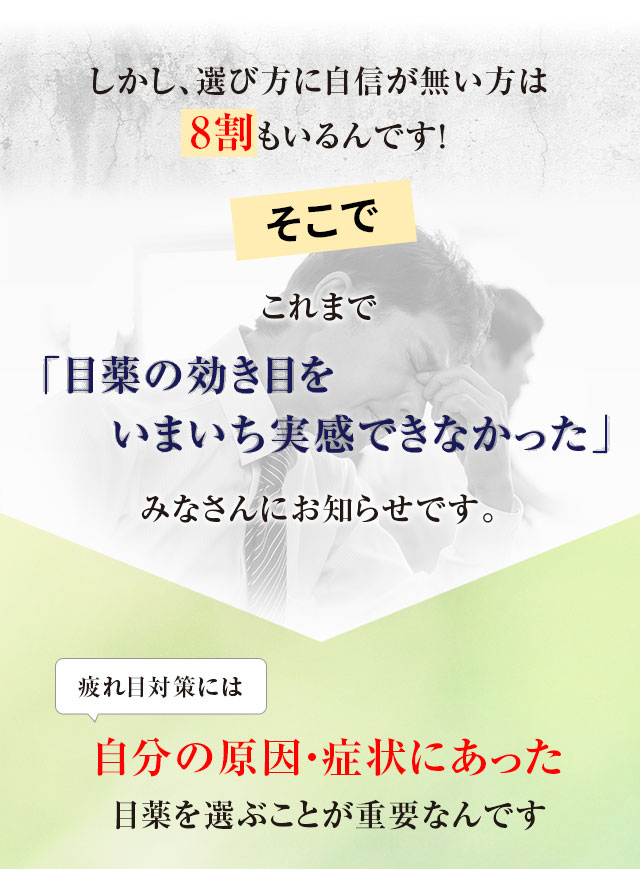 しかし、選び方に自信が無い方は8割もいるんです！そこでこれまで「目薬の効き目をいまいち実感できなかった」みなさんにお知らせです。疲れ目対策には自分の原因・症状にあった目薬を選ぶことが重要なんです