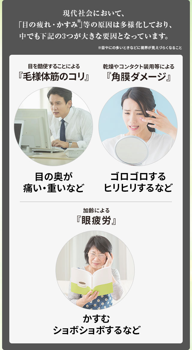 現代社会において、「目の疲れ・かすみ※」等の原因は多様化しており、中でも下記の3つが大きな要因となっています。