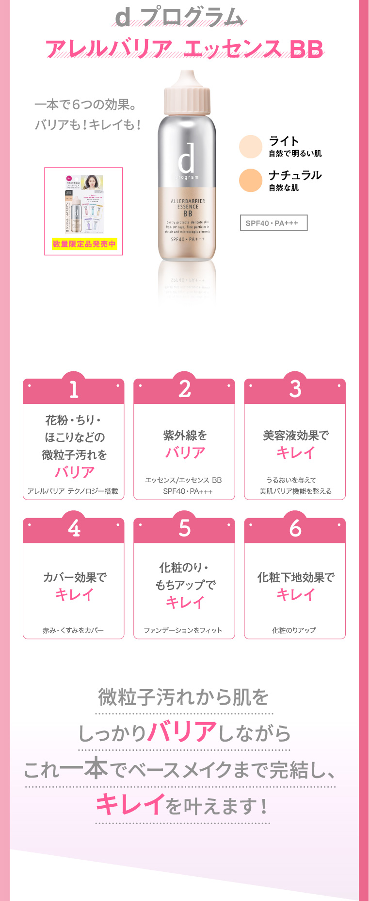 dプログラム アレルバリア エッセンスBB 微粒子汚れから肌をしっかりバリアしながらこれ一本でベースメイクまで完結し、キレイを叶えます！