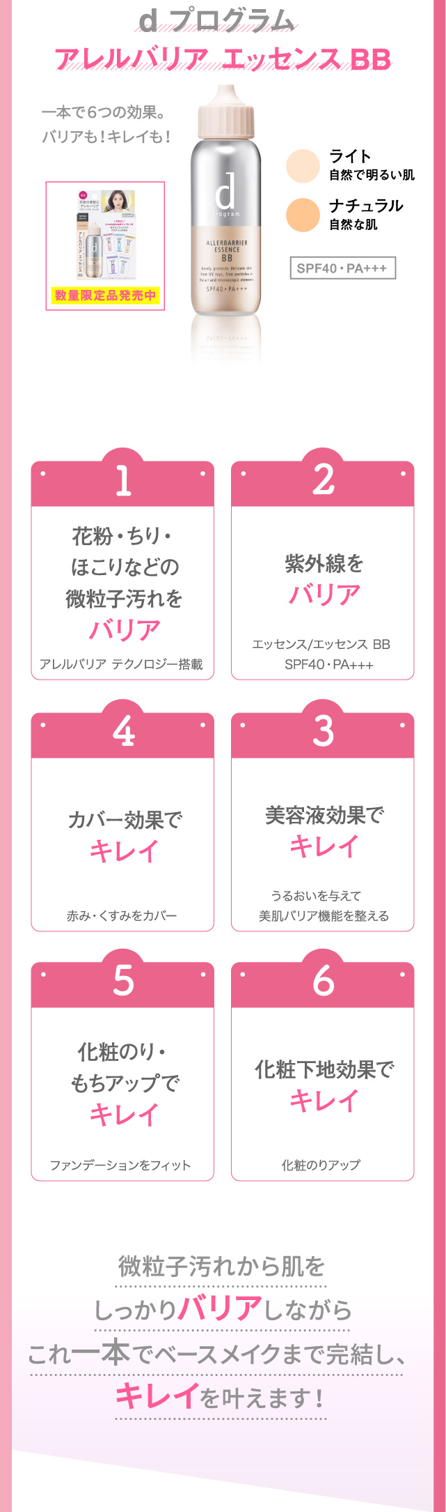 dプログラム アレルバリア エッセンスBB 微粒子汚れから肌をしっかりバリアしながらこれ一本でベースメイクまで完結し、キレイを叶えます！
