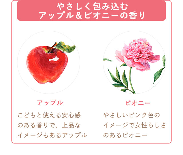 ママとこどもそれぞれの特有のニオイ成分とニオイ発生メカニズムを解明。ほんのり甘く優しい香りで、汗・皮脂による地肌のニオイをおさえ心地よい香りがつづきます。