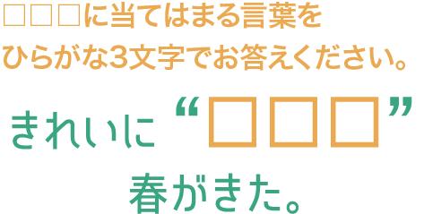 □□□に当てはまる言葉をひらがなでお答えください。：きれいに“□□□”春がきた。