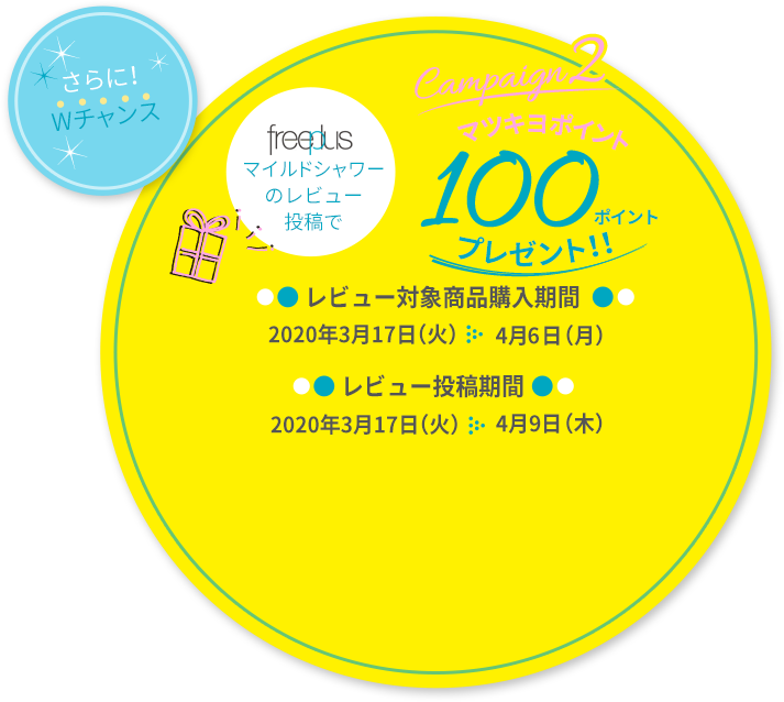 さらに！Wチャンス Campaign2 マツキヨポイント100ポイントプレゼント!! 対象商品購入期間：2020年3月17日（火）〜2020年4月6日（月）レビュー投稿期間：2020年3月17日（火）〜2020年4月9日（木）