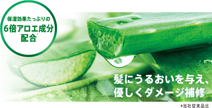 保湿効果たっぷりの6倍アロエ成分配合※ 髪にうるおいを与え、優しくダメージ補修 ※当社従来品比
