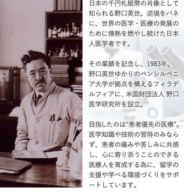 日本の千円札紙幣の肖像として知られる野口英世。逆境をバネに、世界の医学・医療の発展のために情熱を燃やし続けた日本人医学者です。