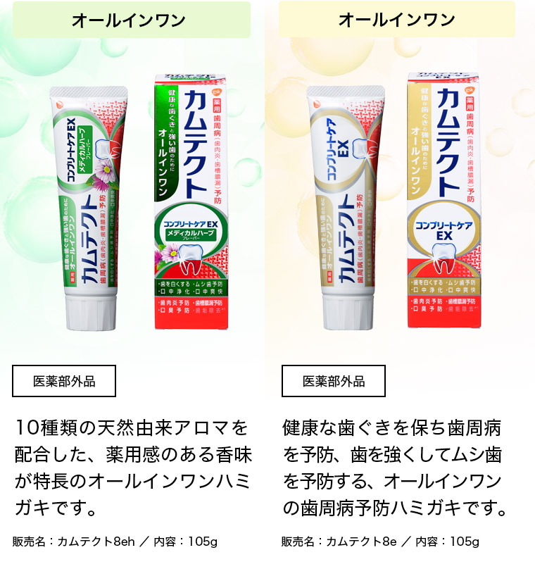 オールインワン 医薬部外品 10種類の天然由来アロマを配合した、薬用感のある香味が特長のオールインワンハミガキです。 販売名：カムテクト8e/内容：105g オールインワン 医薬部外品 健康な歯ぐきを保ち歯周病を予防、歯を強くしてムシ歯を予防する、オールインワンの歯周病予防ハミガキです。販売名：カムテクト8e/内容：105g