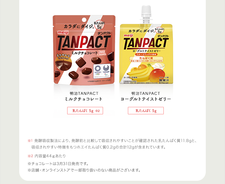 明治TANPACT ミルクチョコレート たんぱく質量 5g 明治TANPACT ヨーグルトテイストゼリー たんぱく質量 5g  ※チョコレートは3月31日発売です。※一部取り扱いのない店舗・オンラインストアもございます。