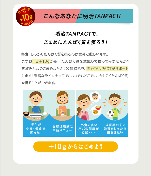 こんなあなたに明治TANPACT! 明治TANPACTで、 こまめにたんぱく質を摂ろう！ 毎食、しっかりたんぱく質を摂るのは意外と難しいもの。まずは1日＋10gから、たんぱく質を意識して摂ってみませんか？家族みんなのこまめなたんぱく質補給を、明治TANPACTがサポートします！豊富なラインナップで、いつでもどこでも、かしこくたんぱく質を摂ることができます。