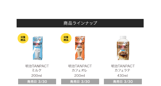 商品ラインナップ 明治TANPACT ミルク 200ml 明治TANPACT カフェオレ 200ml 明治TANPACT カフェラテ 430ml