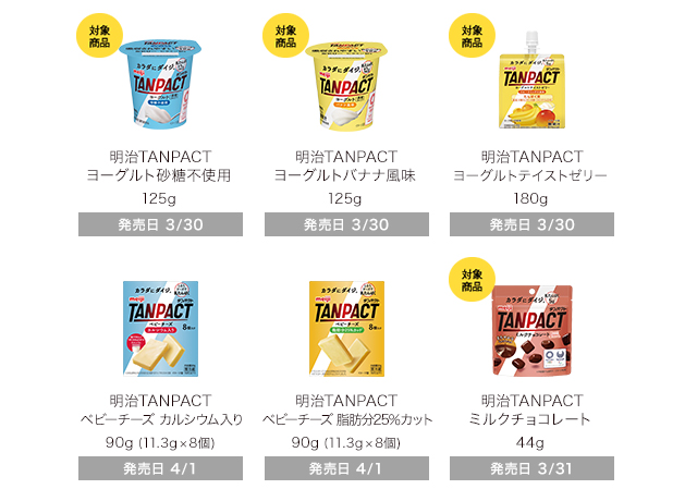 明治TANPACT ヨーグルト砂糖不使用 125g 明治TANPACT ヨーグルトバナナ風味 125g 明治TANPACT ヨーグルトテイストゼリー 180g 明治TANPACT ベビーチーズ カルシウム入り 90g （11.3g× 8個) 明治TANPACT ベビーチーズ 脂肪分25％カット 90g （11.3g× 8個) 明治TANPACT ミルクチョコレート 44g
