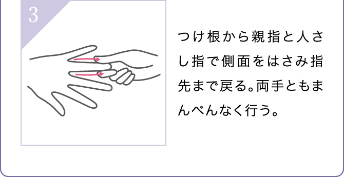 つけ根から親指と人さし指で側面をはさみ指先まで戻る。両手ともまんべんなく行う。