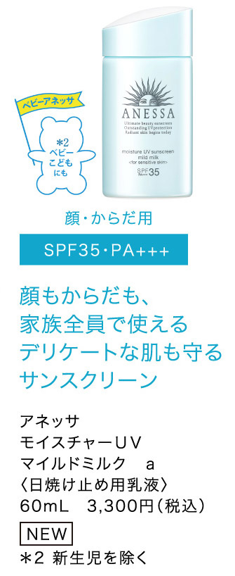 顔もからだも、 家族全員で使える デリケートな肌も守る サンスクリーン アネッサ モイスチャーＵＶ　マイルドミルク　ａ