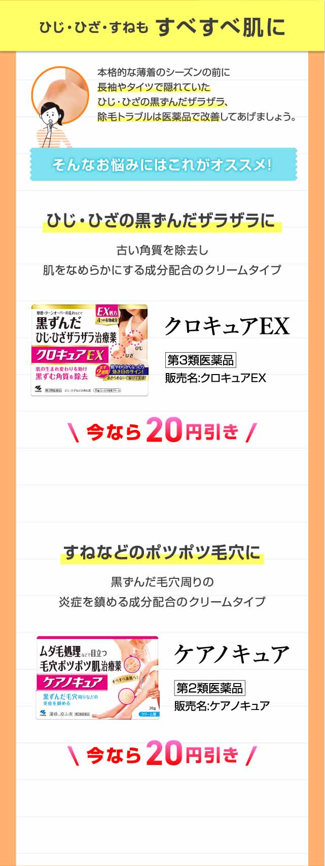 ひじ・ひざ・すねもすべすべ肌に ひじ・ひざの黒ずんだザラザラに クロキュアEX すねなどのポツポツ毛穴に ケアノキュア