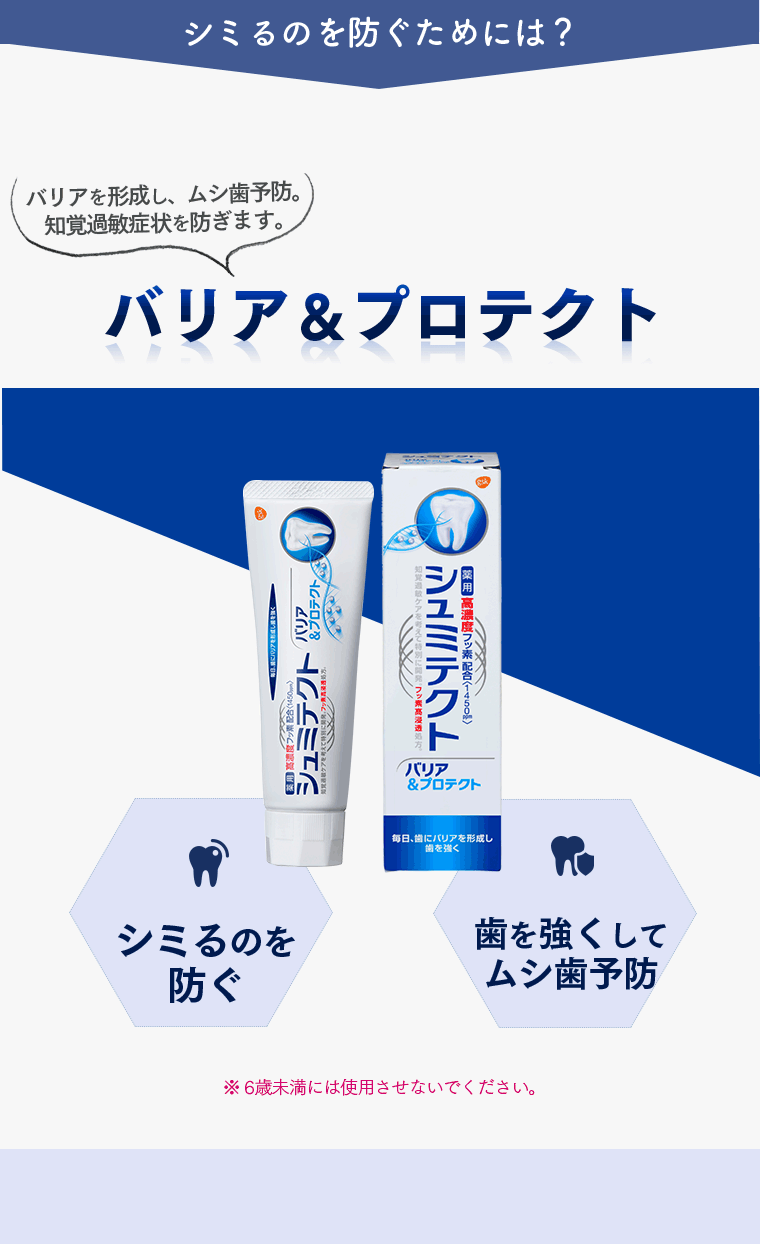 シミるのを防ぐためには？ バリアを形成し、虫歯予防。知覚過敏症状を防ぎます。バリア＆プロテクトがオススメ！ シミるのを防ぐ 歯を強くして虫歯予防　歯を白くする　※6歳未満には使用させないでください。